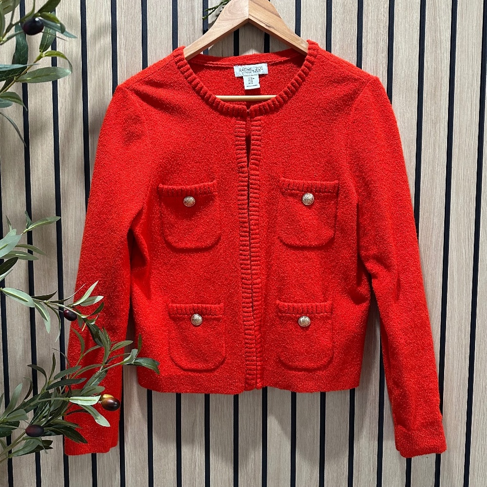 Rachel Zoe Red Tweed Cardigan Jacket | Gold Button Pocket Blazer M
